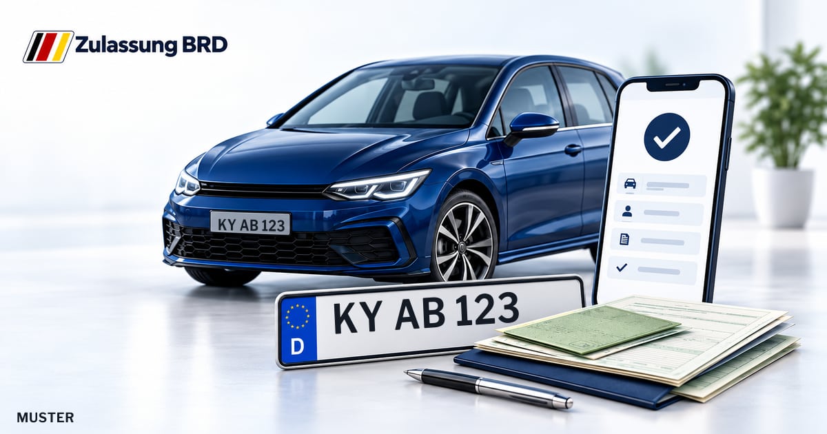 Online Fahrzeugzulassung in Neuruppin: Musterkennzeichen KY AB 123, Auto und Fahrzeugpapiere und Smartphone. Illustration mit Logo von Zulassung BRD.